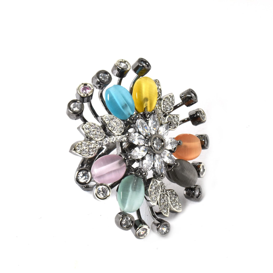 Floral Cat's Eye Stone Cocktail Ring: Adjustable Crystal Statement Jewelry — 2