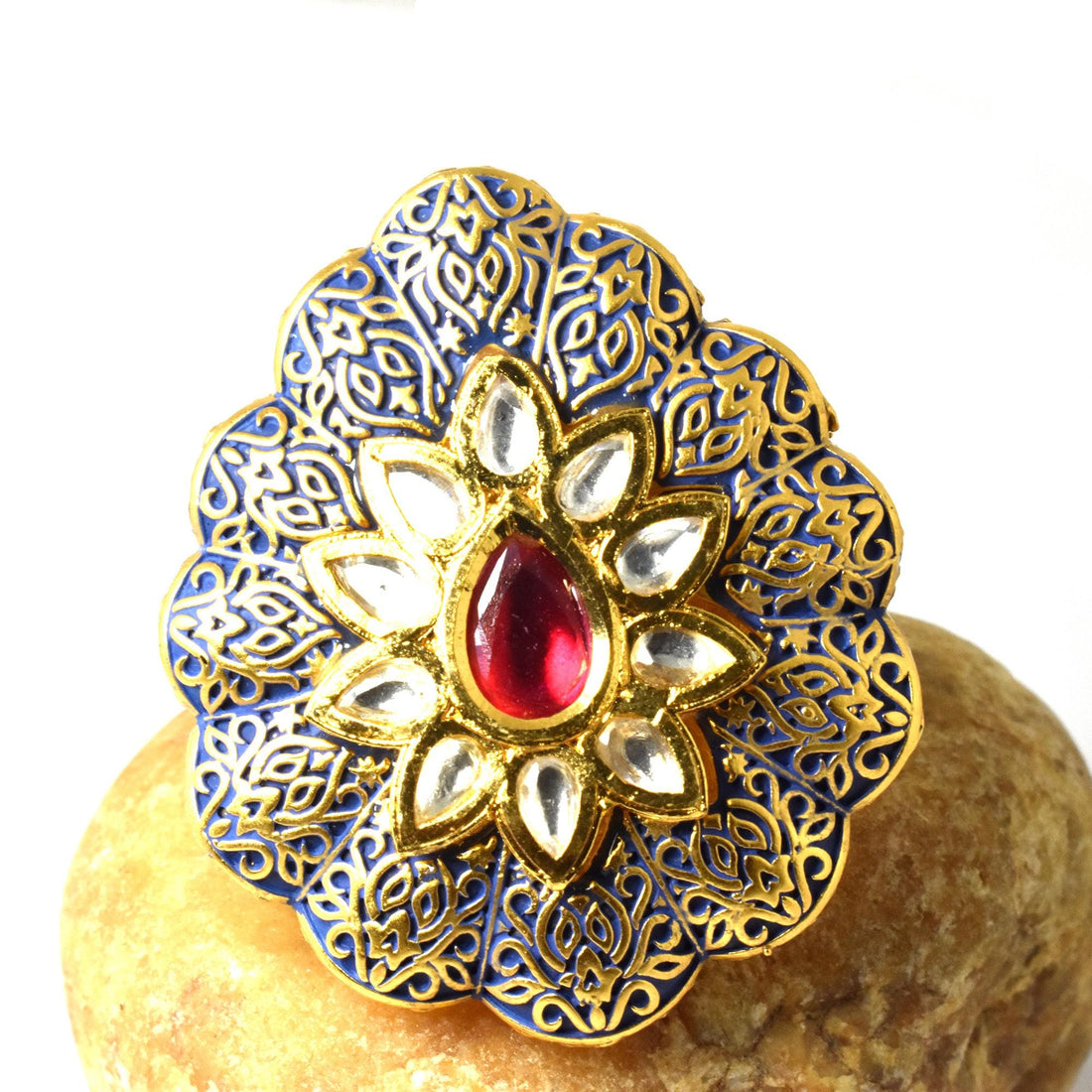Ruby & CZ Diamond Victorian Ring | Yellow Gold Plated Adjustable Statement Cocktail Ring | Vintage Bridal Party Wear Jewelry | Gift For Her — 5