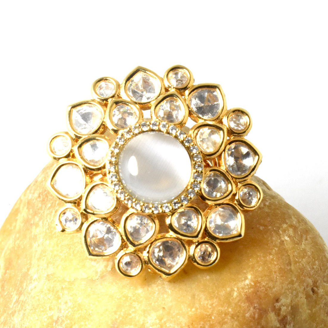Yellow Gold Plated Selenite Polki CZ Ring | Traditional Indian Bridal Statement Cocktail Jewelry | Engagement Ring | Gift For Women — 6