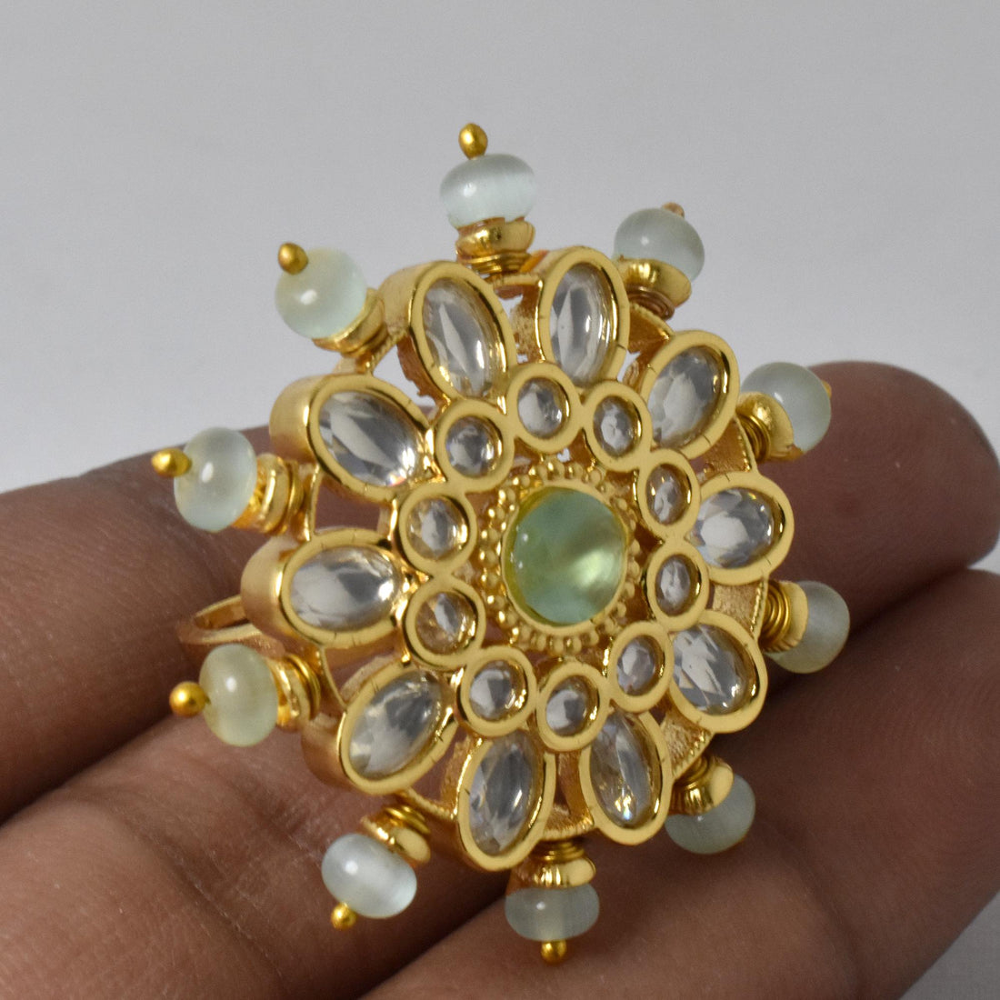 Yellow Gold Plated Polki CZ Diamond Multi Gemstone Ring | Traditional Bridal Cocktail Statement Jewelry | Engagement Ring | Gift For Women — 6