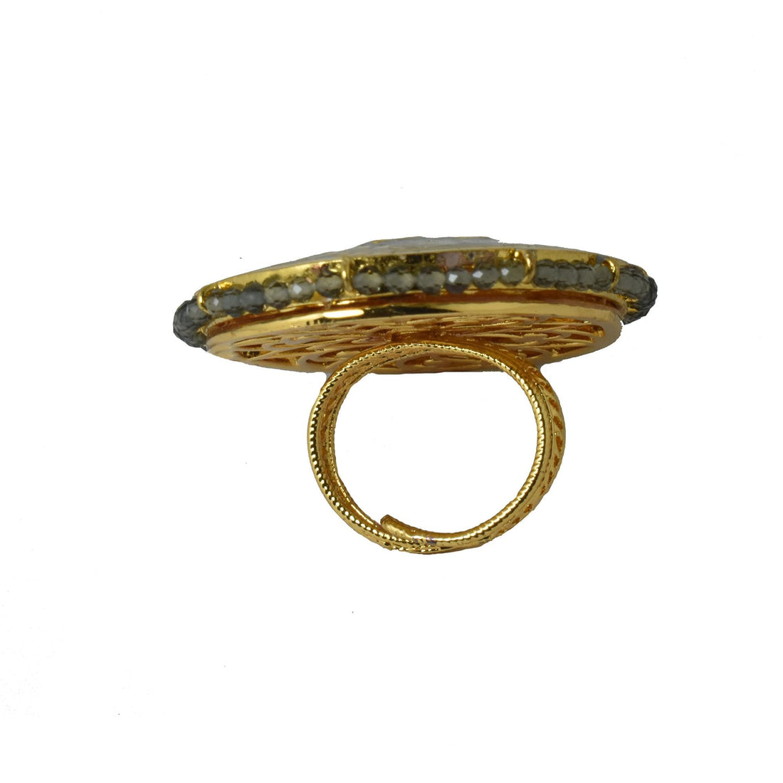 Kundan Polki CZ Diamond Ring | Yellow Gold Plated Traditional Indian Bridal Statement Jewelry | Wedding Cocktail Wear Ring | Gift For Her — 3