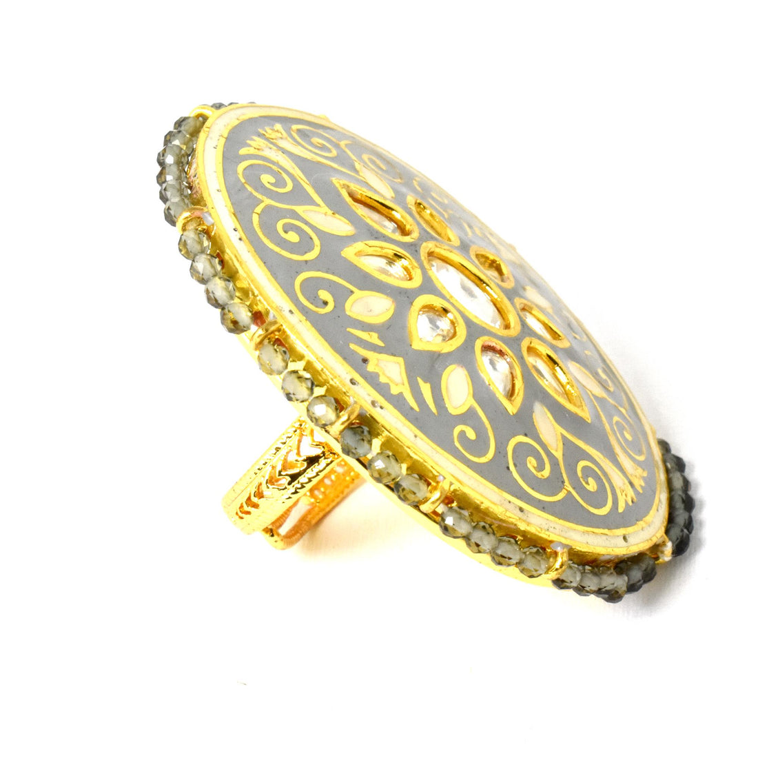 Kundan Polki CZ Diamond Ring | Yellow Gold Plated Traditional Indian Bridal Statement Jewelry | Wedding Cocktail Wear Ring | Gift For Her — 2