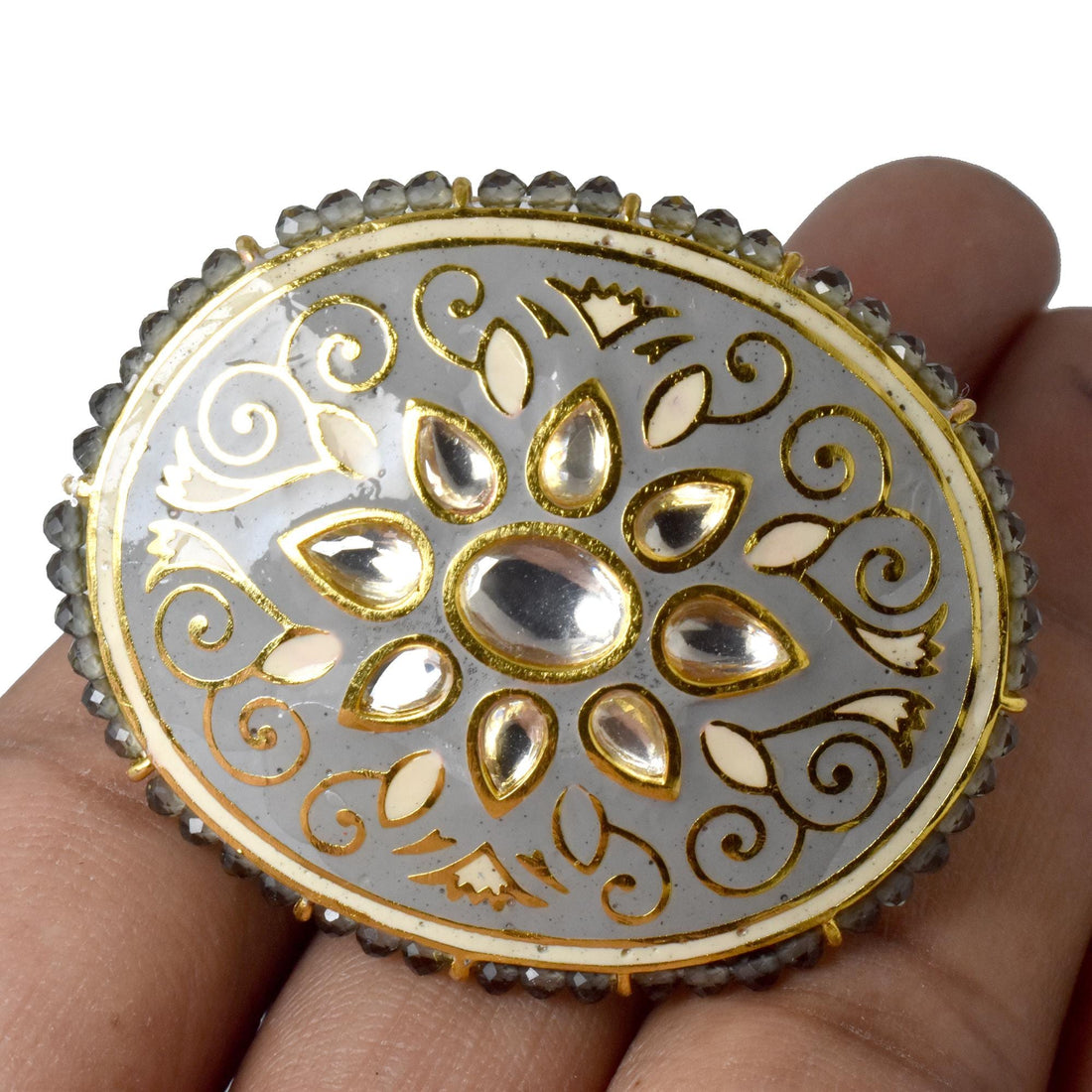 Kundan Polki CZ Diamond Ring | Yellow Gold Plated Traditional Indian Bridal Statement Jewelry | Wedding Cocktail Wear Ring | Gift For Her — 5