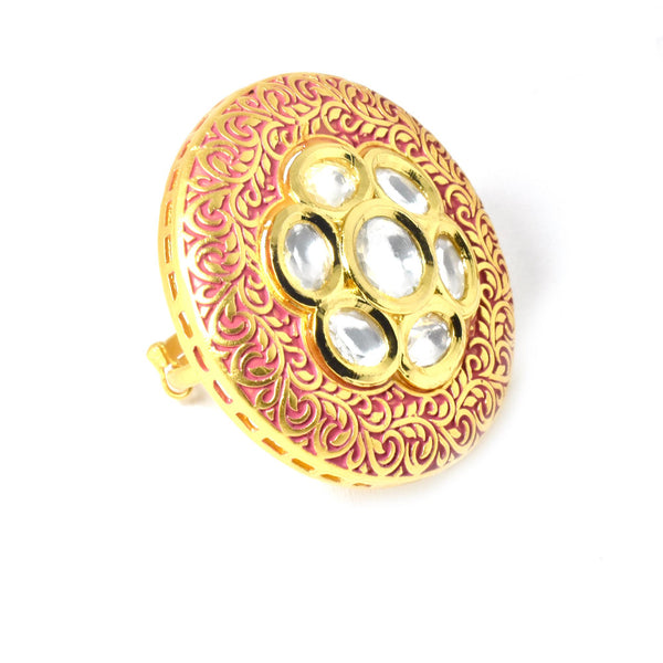 Kundan Polki CZ Diamond Ring: Yellow Gold Plated Indian Jewelry | Gift For Her