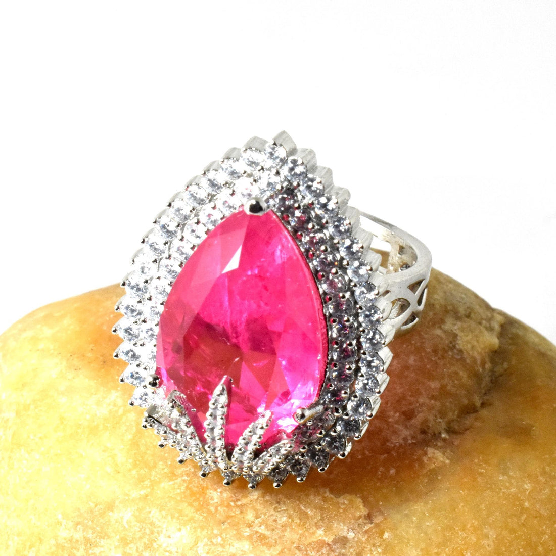 Pink Quartz & CZ Diamond Cocktail Ring - White Plated Adjustable Ring | Gift For Her — 2