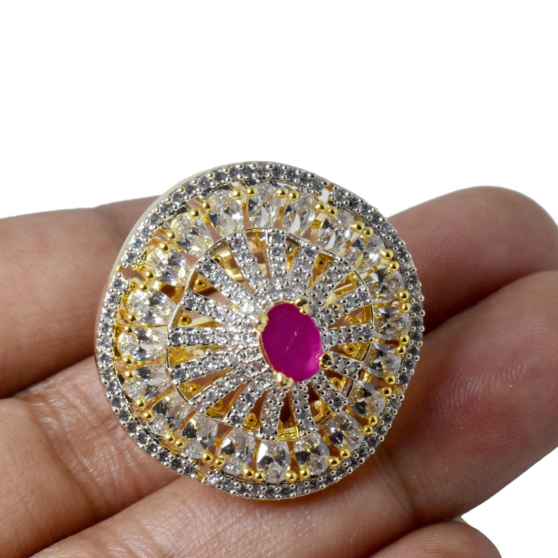 Vintage Ruby CZ Diamond Cocktail Ring | Yellow Gold Plated Victorian Bridal Statement Jewelry | Engagement Party Wear Ring  | Gift For Her — 3