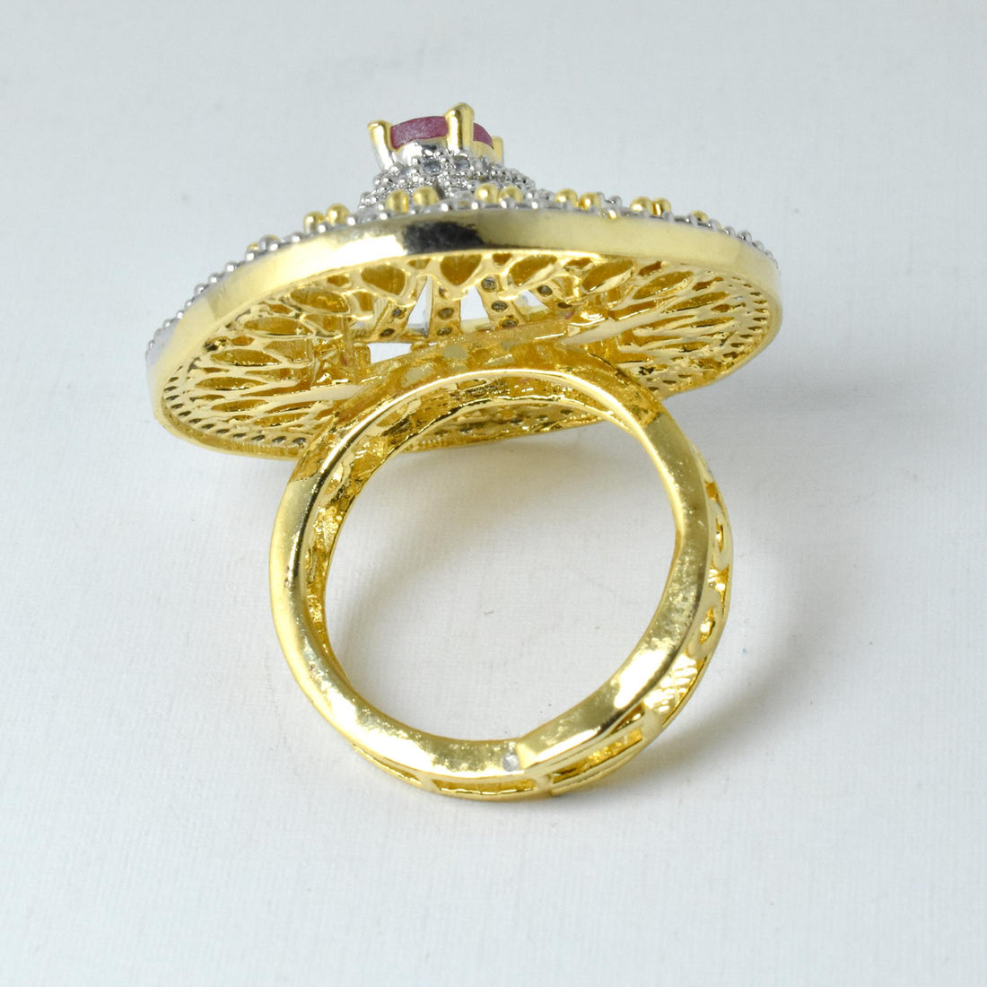 Vintage Ruby CZ Diamond Cocktail Ring | Yellow Gold Plated Victorian Bridal Statement Jewelry | Engagement Party Wear Ring  | Gift For Her — 6