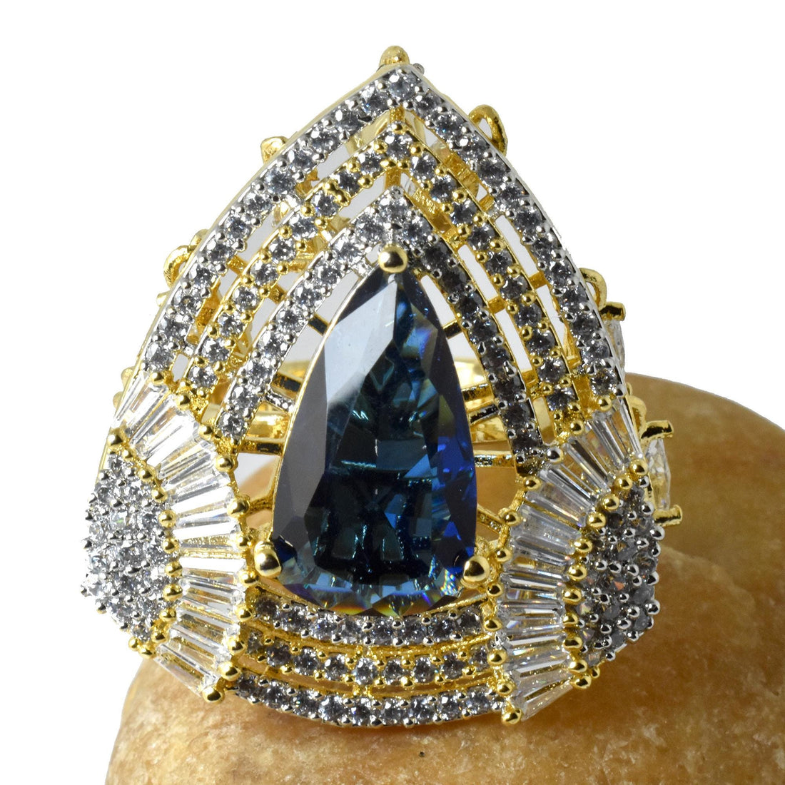 Blue Teardrop Cocktail Ring: Gold Plated Sapphire CZ Statement Ring | Gift For Her — 2