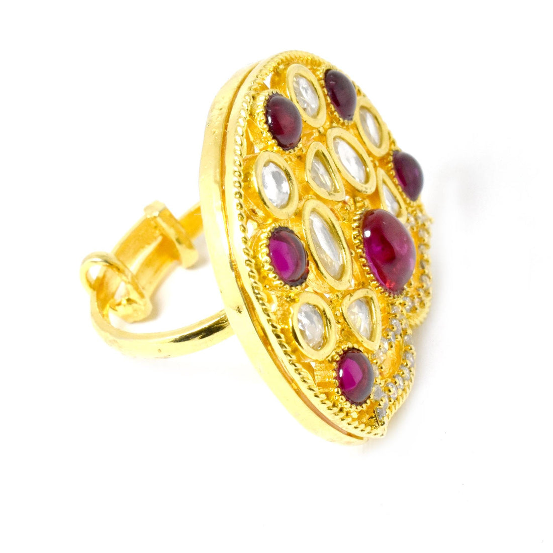Ruby & Polki CZ Diamond Victorian Cocktail Ring | Yellow Gold Plated Vintage Bridal Statement Jewelry | Wedding Party Wear | Gift For Her — 3