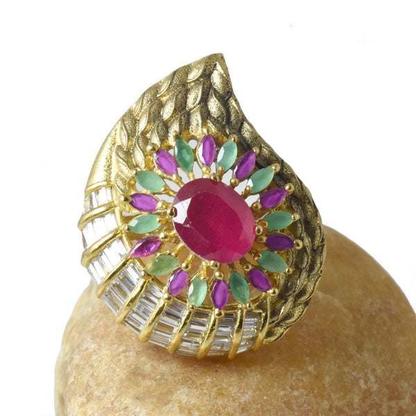 Elegant Ruby Emerald Oval Ring | Yellow Gold Plated Bridal Party Wear Statement Jewelry | Anniversary Gift For Women
