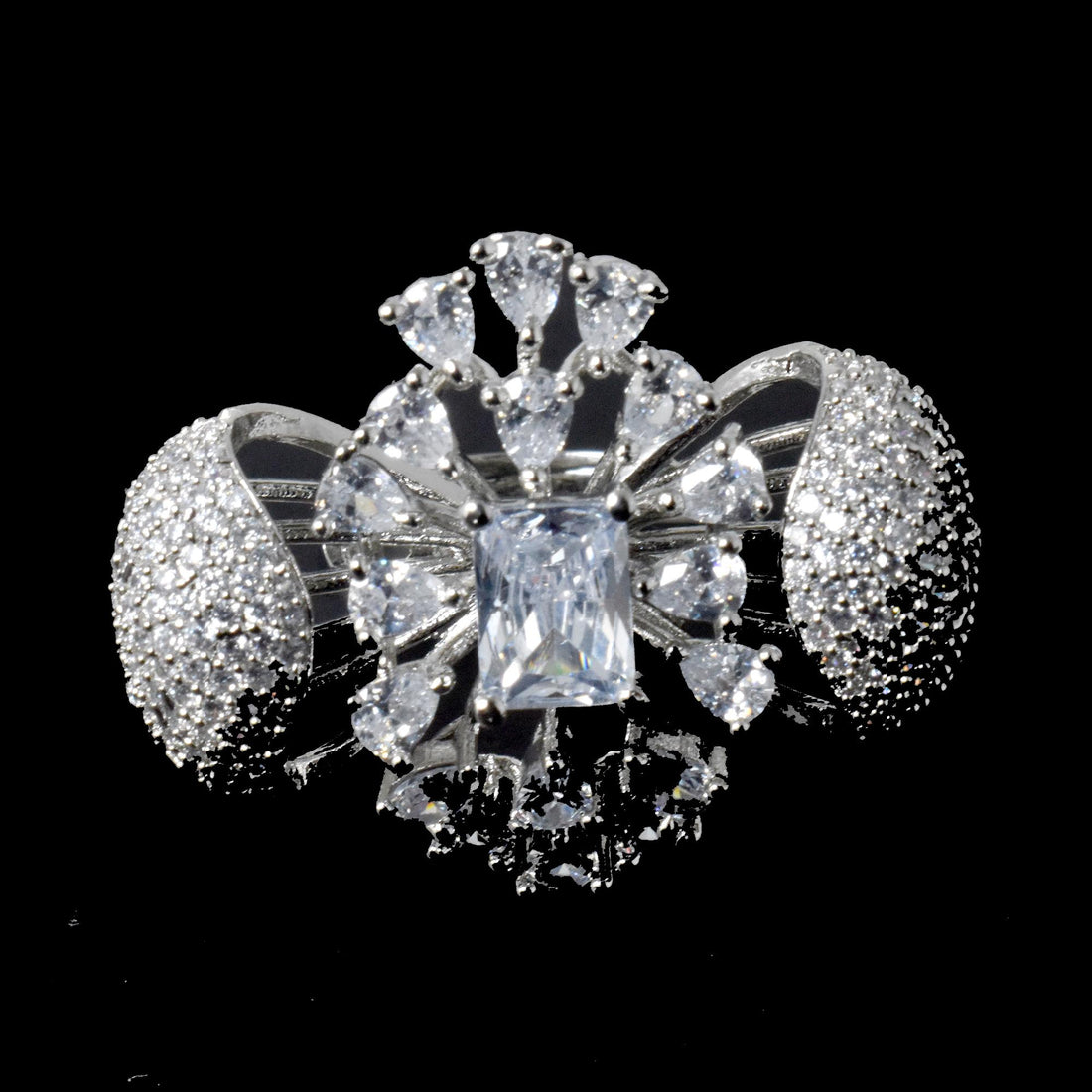 Indian Design White Quartz CZ Ring | Adjustable Bridal Statement Cocktail Ring | Engagement  Ring | Wedding Party Wear | Gift For Women — 3