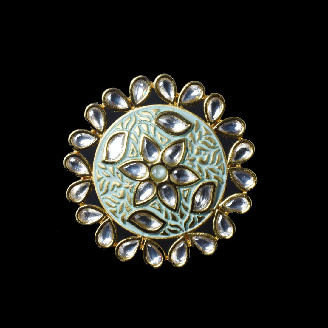 Handcrafted Mint Green Kundan Adjustable Ring |Traditional Bridal Statement Jewelry | Wedding Ring | Party Wear Cocktail Ring | Gift For Her — 2