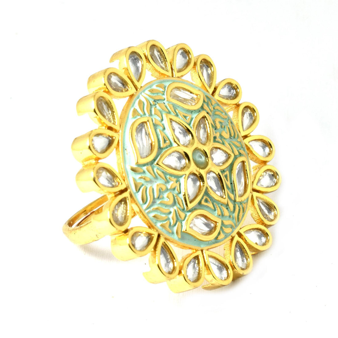 Handcrafted Mint Green Kundan Adjustable Ring |Traditional Bridal Statement Jewelry | Wedding Ring | Party Wear Cocktail Ring | Gift For Her — 4