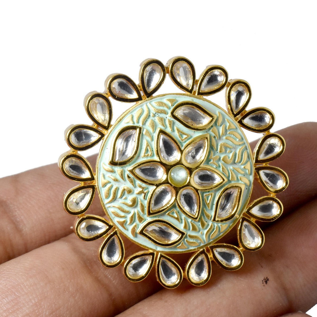 Handcrafted Mint Green Kundan Adjustable Ring |Traditional Bridal Statement Jewelry | Wedding Ring | Party Wear Cocktail Ring | Gift For Her — 6