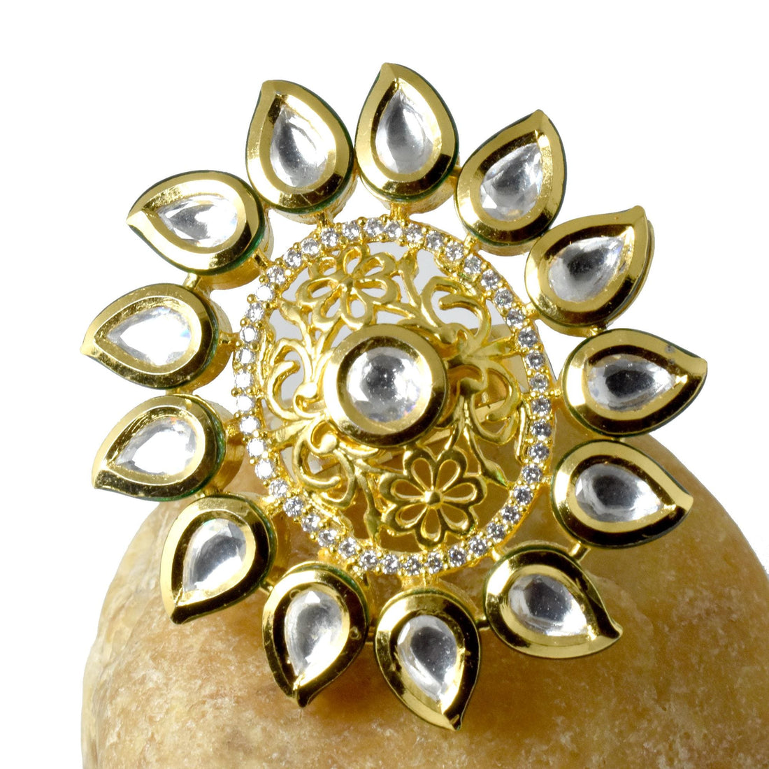 Gold Kundan Adjustable Ring with Pear Cut CZ & Green Enamel | 22K Gold Plated Indian Bridal Jewelry | Wedding Party Wear | Gift For Her — 3