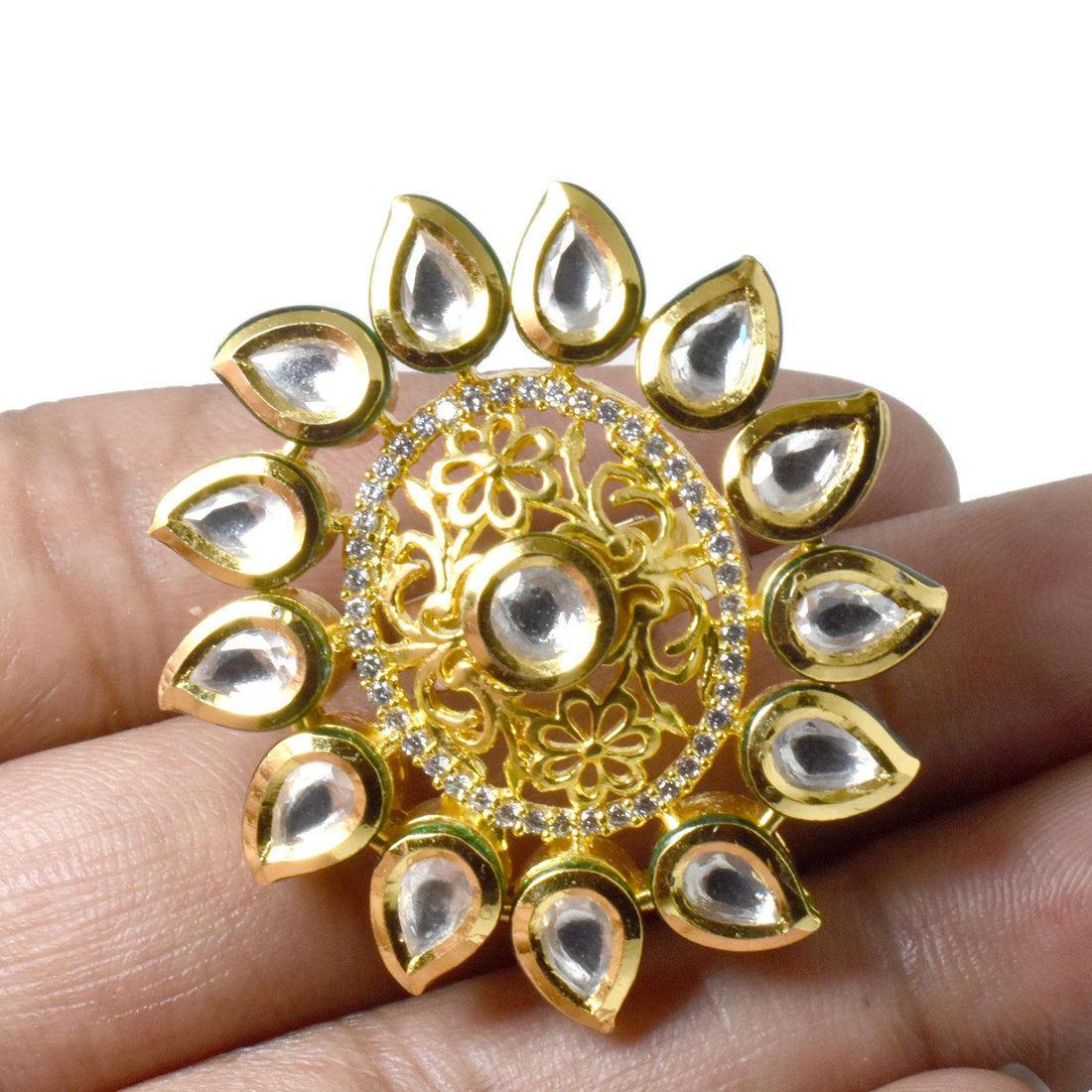 Gold Kundan Adjustable Ring with Pear Cut CZ & Green Enamel | 22K Gold Plated Indian Bridal Jewelry | Wedding Party Wear | Gift For Her — 6