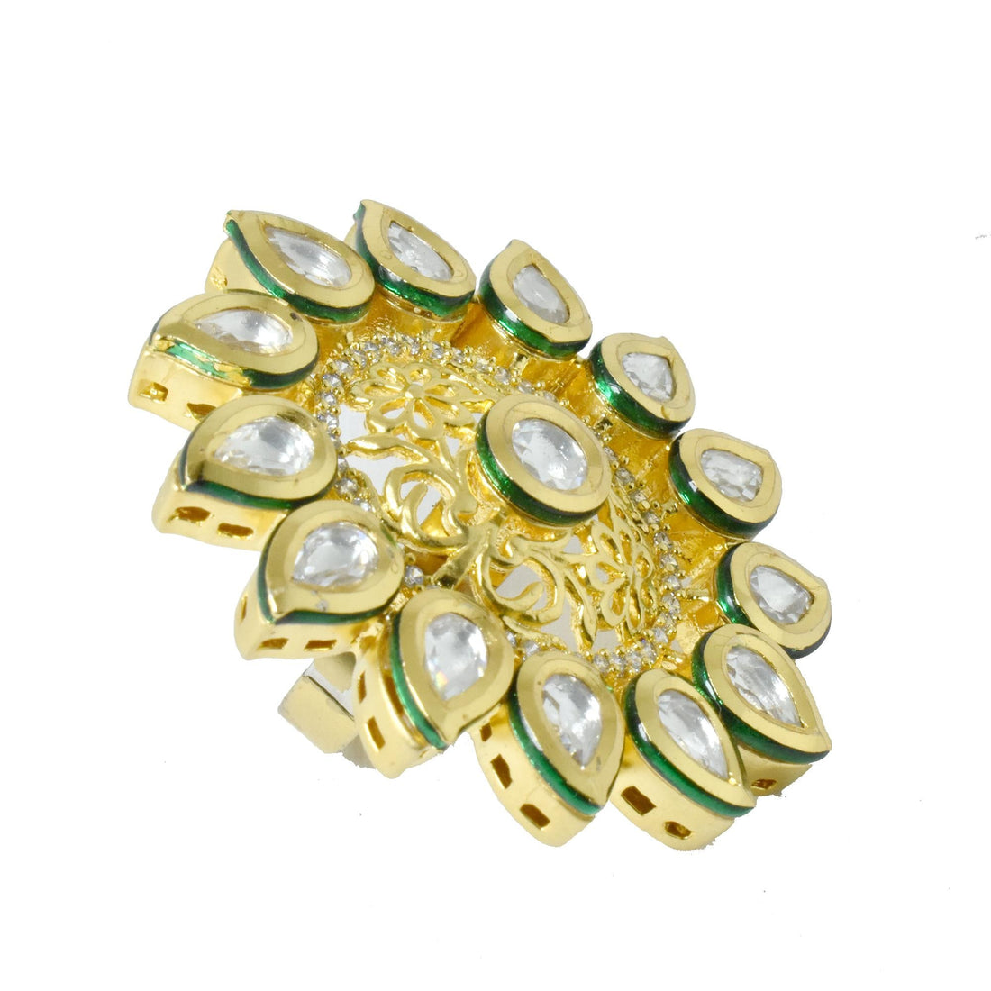 Gold Kundan Adjustable Ring with Pear Cut CZ & Green Enamel | 22K Gold Plated Indian Bridal Jewelry | Wedding Party Wear | Gift For Her