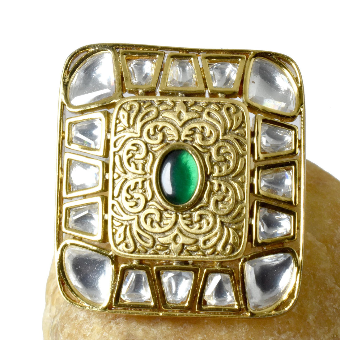 Handcrafted Green Onyx Kundan Ring | 22K Gold Plated Traditional Indian Jewelry | Bridal Ring | Wedding  Ring | Cocktail Ring | Gift For Her — 6