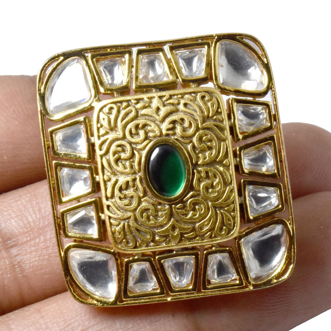 Handcrafted Green Onyx Kundan Ring | 22K Gold Plated Traditional Indian Jewelry | Bridal Ring | Wedding  Ring | Cocktail Ring | Gift For Her — 5