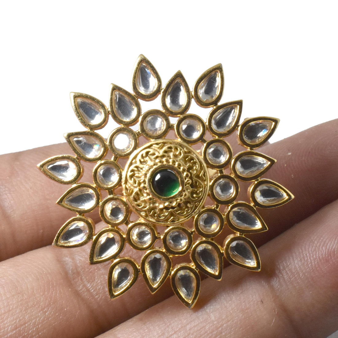 Emerald & Polki CZ Diamond Ring: 22k Gold Plated Adjustable Statement Ring | Gift For Her — 5
