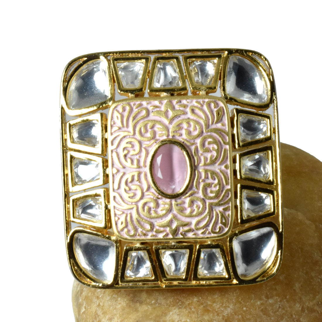 Traditional Pink Meenakari Kundan Ring | Adjustable Handcrafted Indian Bridal Jewelry | 22K Gold Plated Wedding Statement Ring |Gift For Her — 6