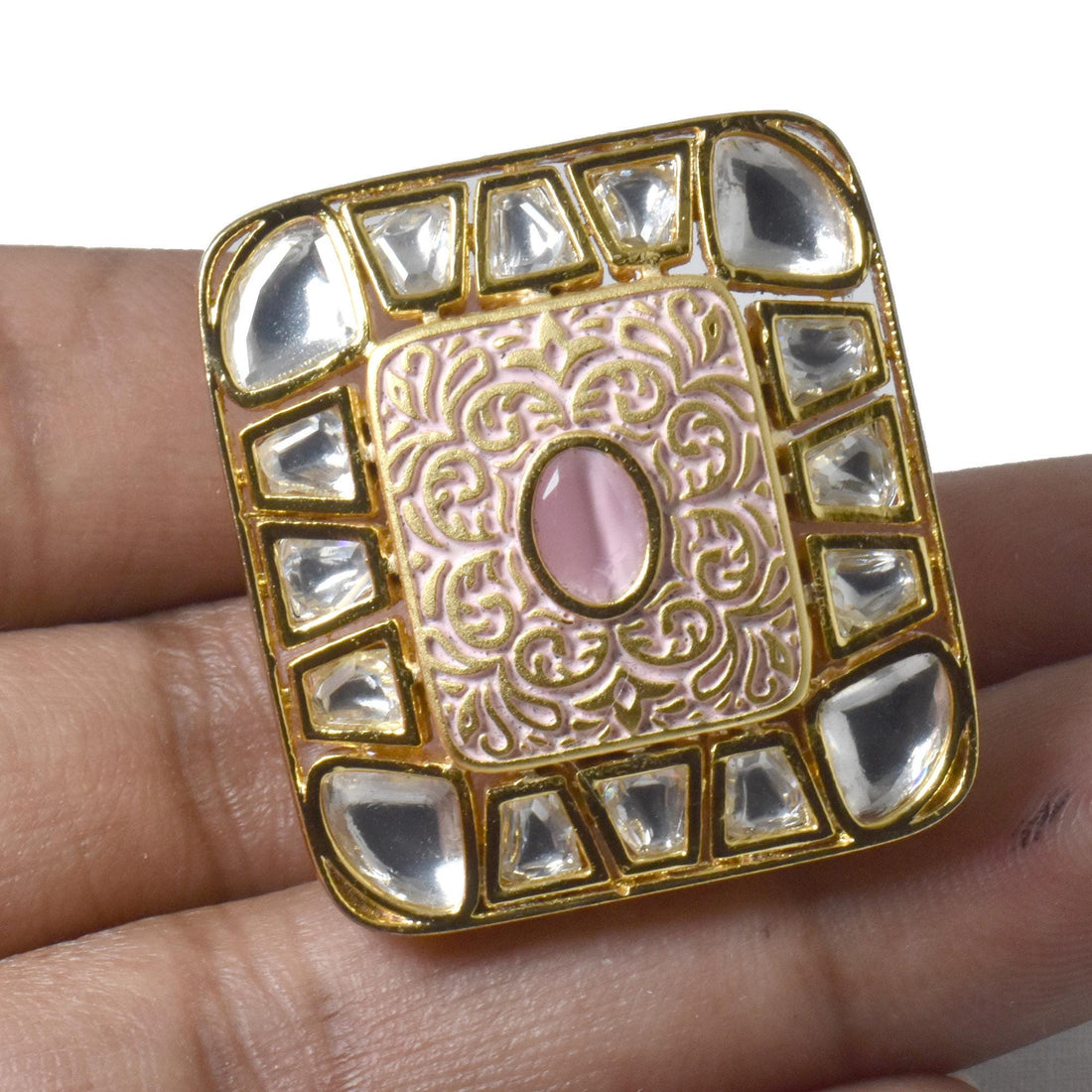 Traditional Pink Meenakari Kundan Ring | Adjustable Handcrafted Indian Bridal Jewelry | 22K Gold Plated Wedding Statement Ring |Gift For Her — 5