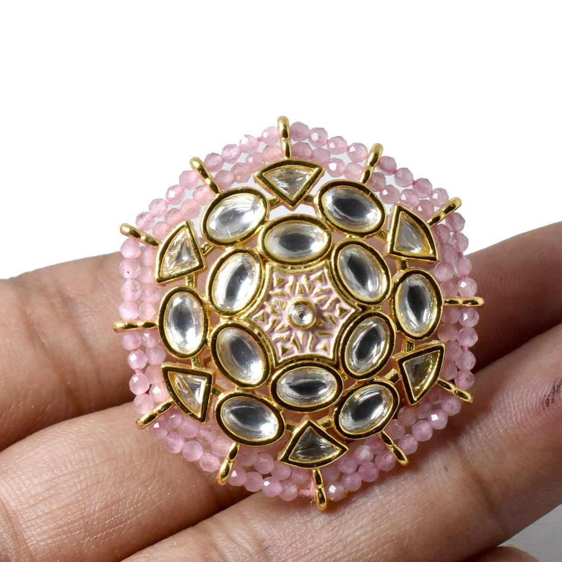 Handcrafted Pink Kundan Polki Adjustable Ring | Indian Ethnic Statement Jewelry | Traditional Bridal Cocktail Ring | Gift for Her — 5