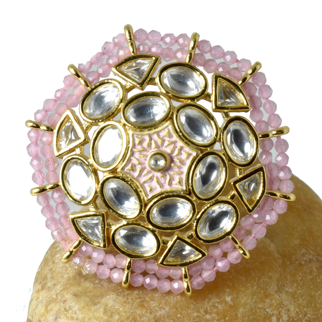 Handcrafted Pink Kundan Polki Adjustable Ring | Indian Ethnic Statement Jewelry | Traditional Bridal Cocktail Ring | Gift for Her — 6