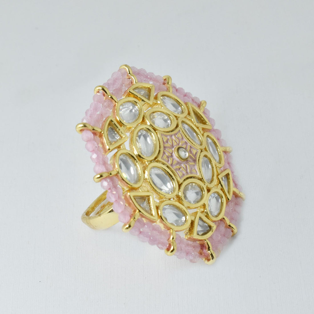 Handcrafted Pink Kundan Polki Adjustable Ring | Indian Ethnic Statement Jewelry | Traditional Bridal Cocktail Ring | Gift for Her — 8
