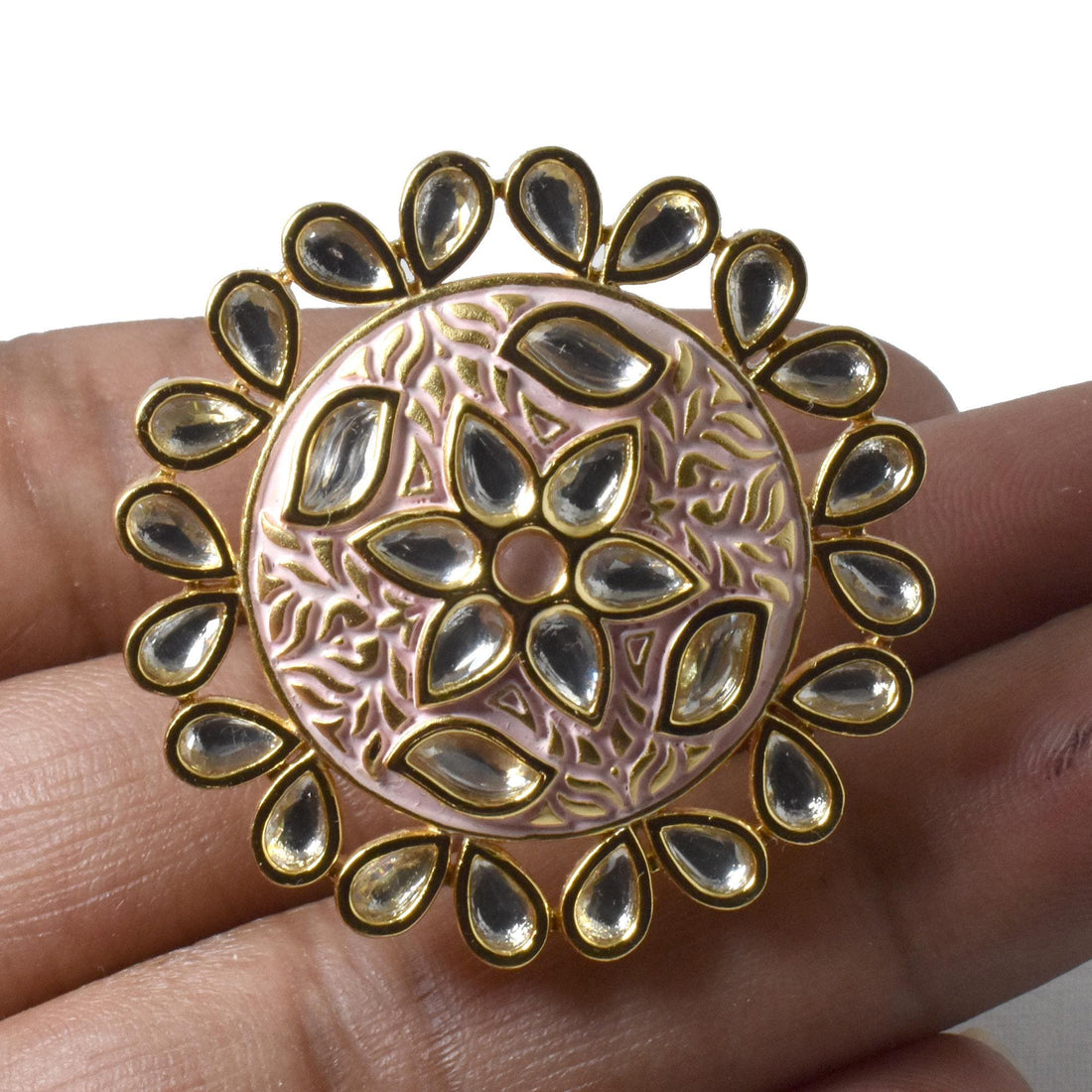 Traditional Mint Pink Kundan Ring | Adjustable Handcrafted Indian Bridal Jewelry | 22K Gold Plated Statement Ring | Anniversary Gift — 8