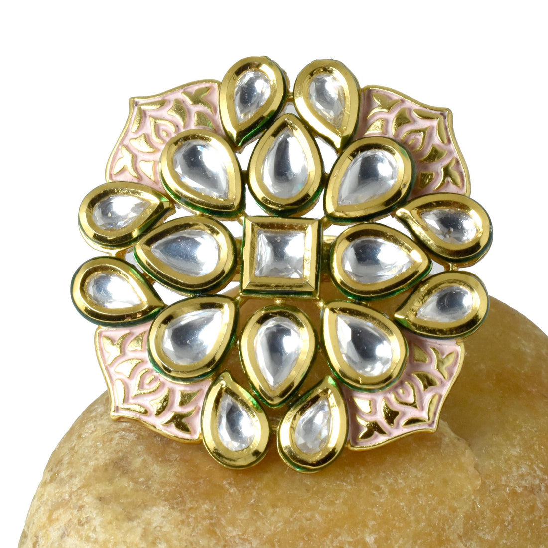 Pink Meenakari Kundan Ring Handcrafted in Brass | 22K Gold Plated Indian Ethnic Ring | Bridal Wedding Jewelry  |  Gift For Women — 2