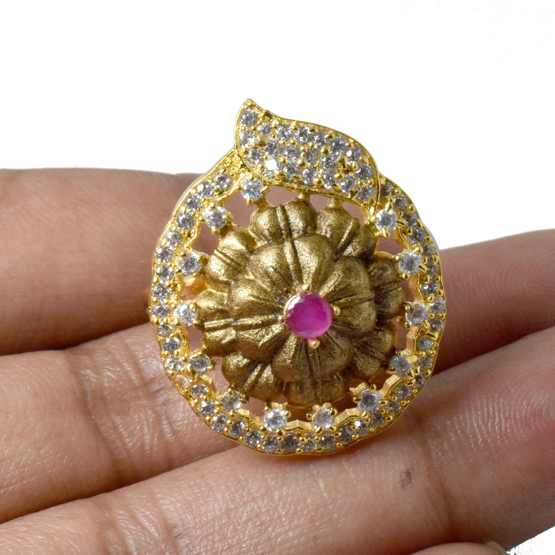 Handmade Ruby and Cubic Zirconia Diamond Ring |22K Gold Plated Bridal Cocktail Ring | Wedding Ring |Festive Statement Jewelry | Gift For Her — 5
