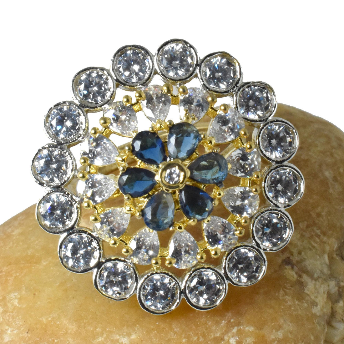 Sapphire CZ Diamond Ring: 22k Gold Plated Indian Jewelry