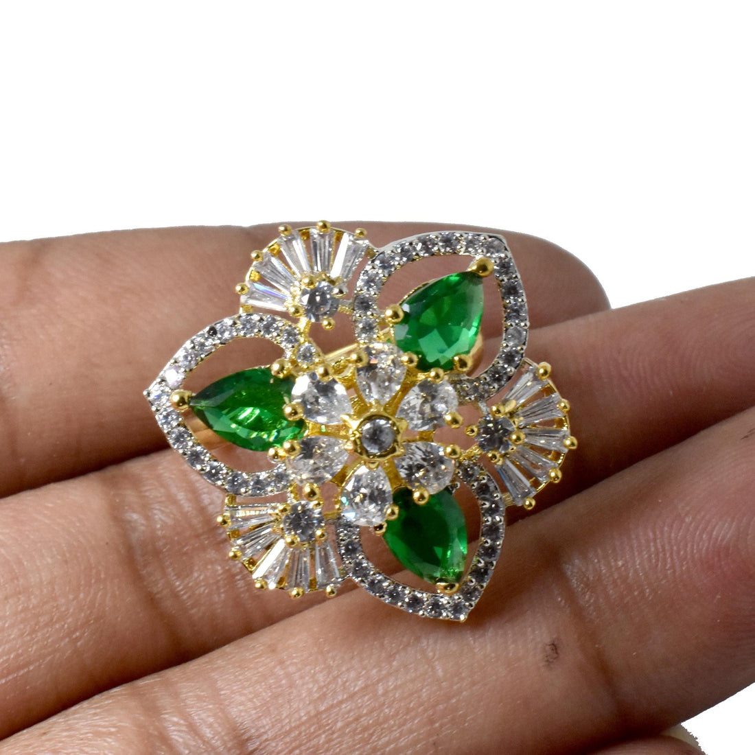 Adjustable Green Quartz & CZ Diamond Bridal Ring | 22K Gold Plated Wedding Statement Cocktail Jewelry | Engagement Ring | Gift For Her — 5