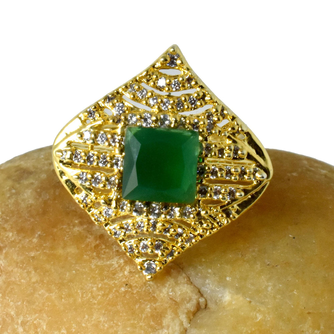 Emerald Cut Cubic Zirconia Diamond Ring | 22K Gold Plated Adjustable Bridal Cocktail Ring | Festive Wedding Jewelry | Gift For Women — 7