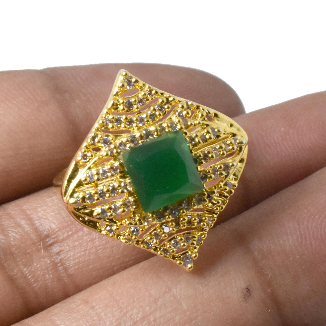 Emerald Cut Cubic Zirconia Diamond Ring | 22K Gold Plated Adjustable Bridal Cocktail Ring | Festive Wedding Jewelry | Gift For Women — 5