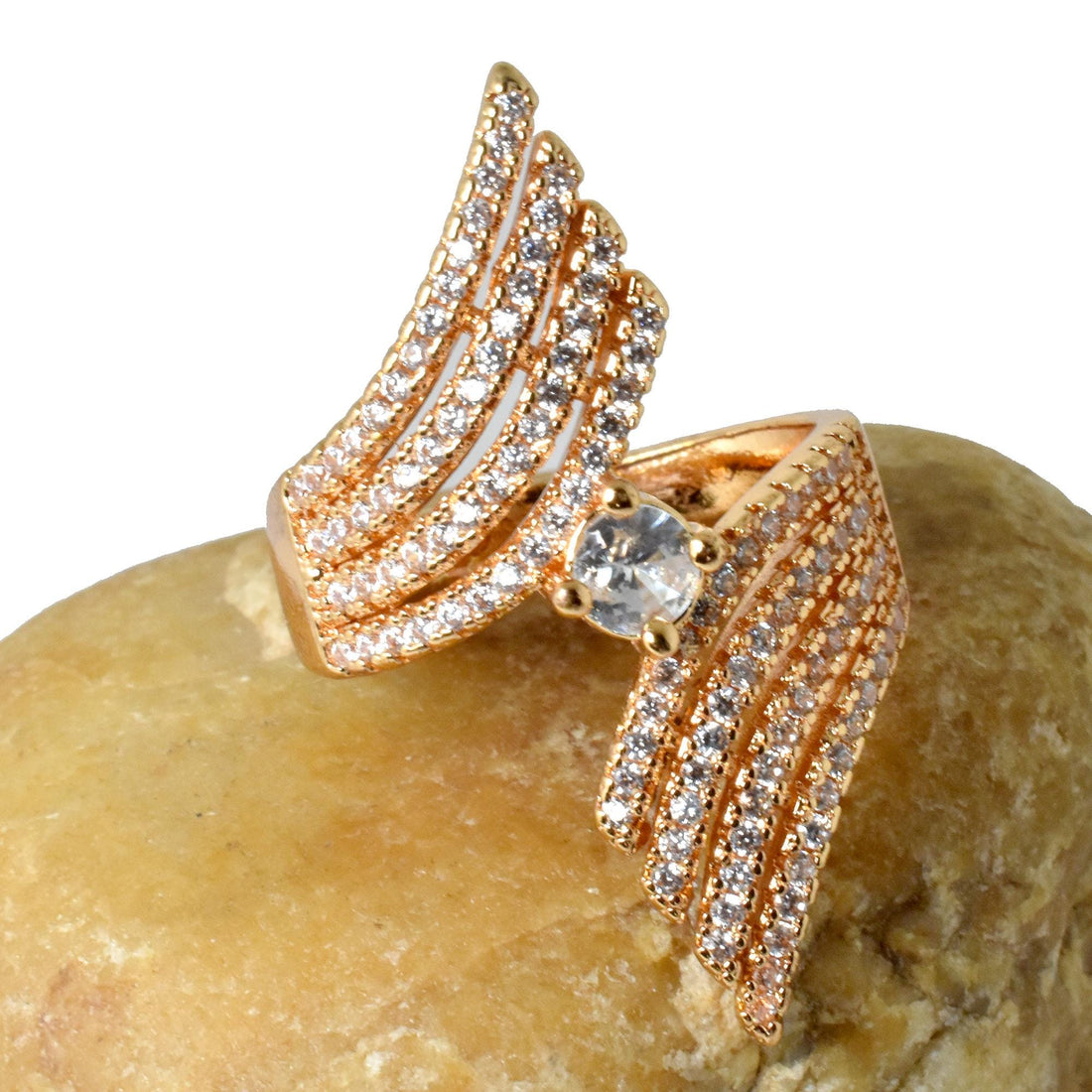 Gold Plated Leaf Design Adjustable Cocktail Ring | CZ Bridal Statement Jewelry | Festive Indian Ring | Gift For Her — 5