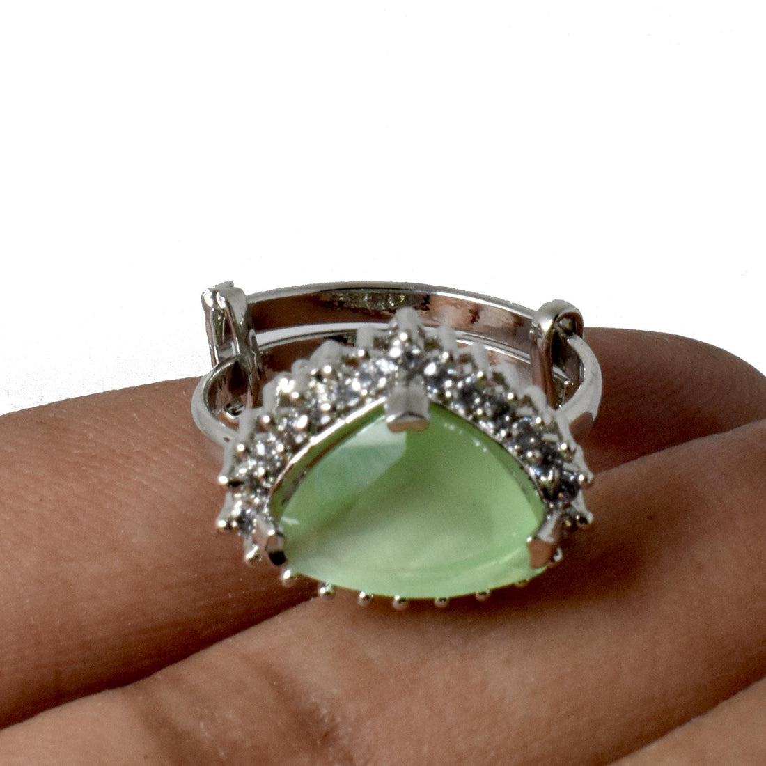 Green Quartz & CZ Diamond Adjustable Ring | White Plated Cocktail Statement Ring | Elegant Bridal  Ring | Party Wear Ring  | Gift for Her — 3