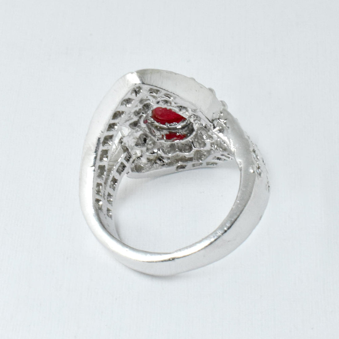 Pear Cut Ruby & Cubic Zirconia Diamond Ring | White Plated Bridal Cocktail Ring | Elegant Wedding Festive Jewelry | Gift For Her — 4