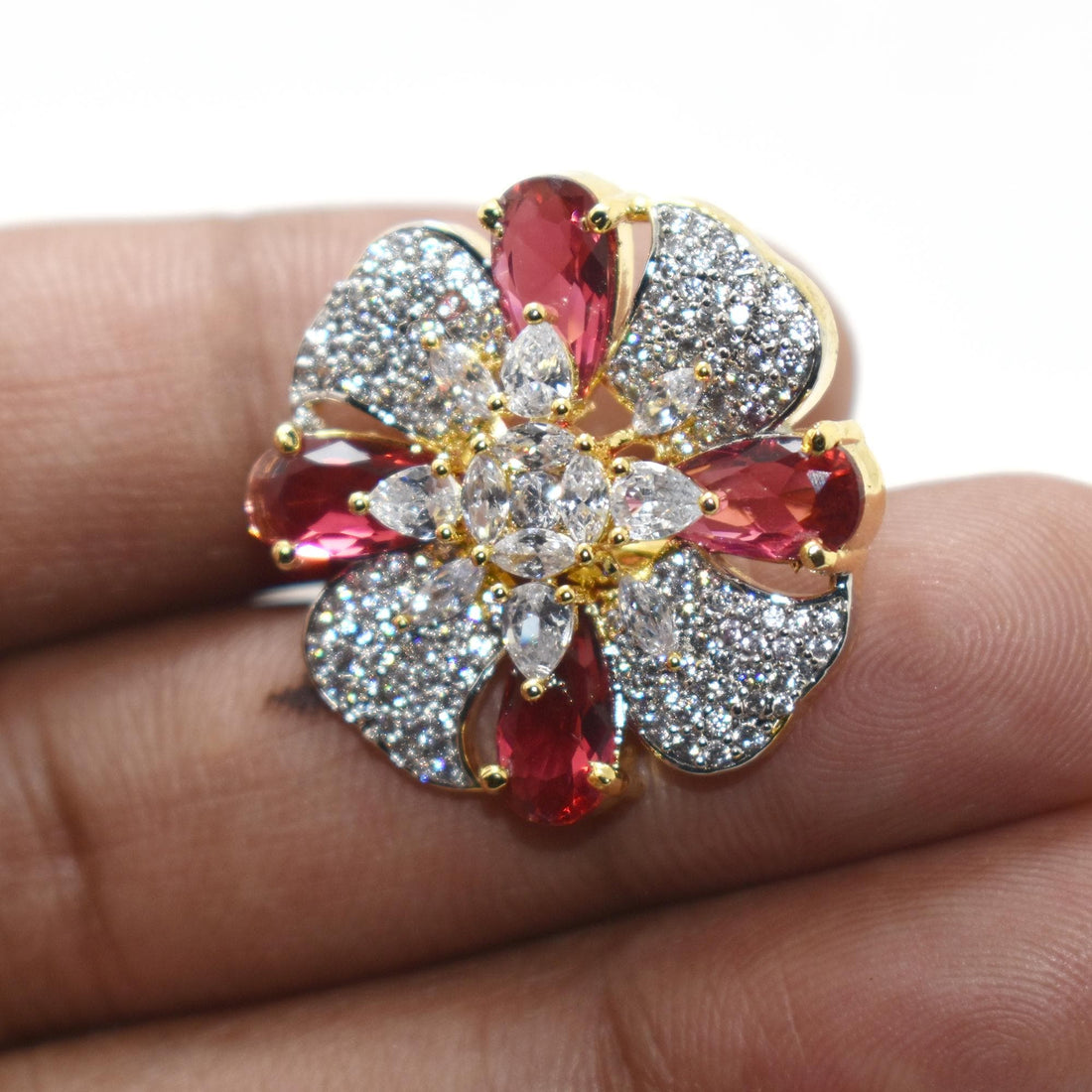 Vintage Ruby Sapphire CZ Diamond Ring: Gold Plated Pear Shape Promise Ring — 4