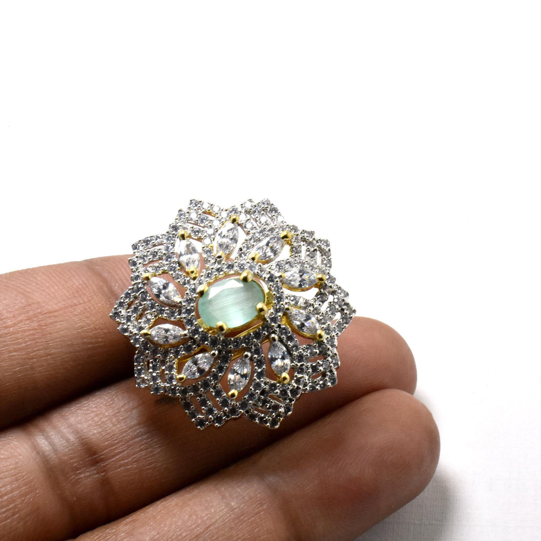 Aqua Chalcedony Ring: Gold Plated CZ Diamond Floral Ring — 4