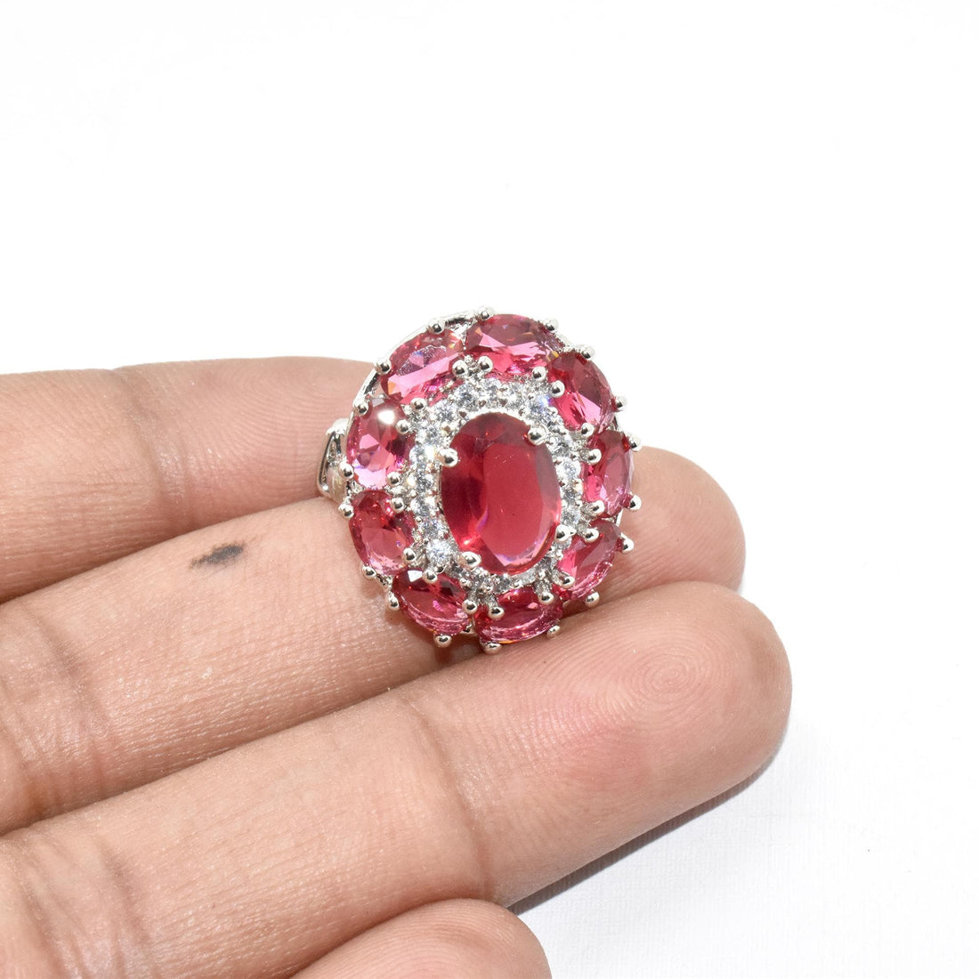 Handmade Red Garnet Ring: Oval Cut Gemstone & CZ Diamond — 4