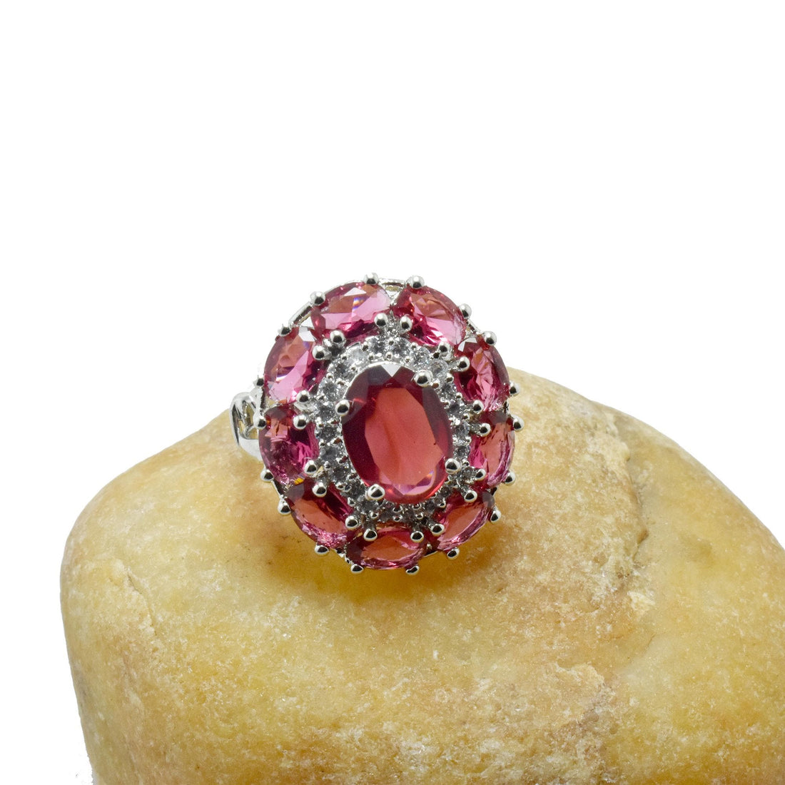 Handmade Red Garnet Ring: Oval Cut Gemstone & CZ Diamond — 6