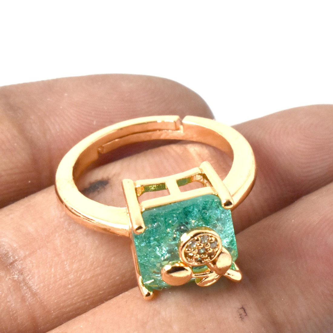 Green Quartz CZ Ring | Rose Gold Plated Adjustable Cocktail Ring | Statement Stackable Ring | Bridal Jewelry | Gift for Her — 2