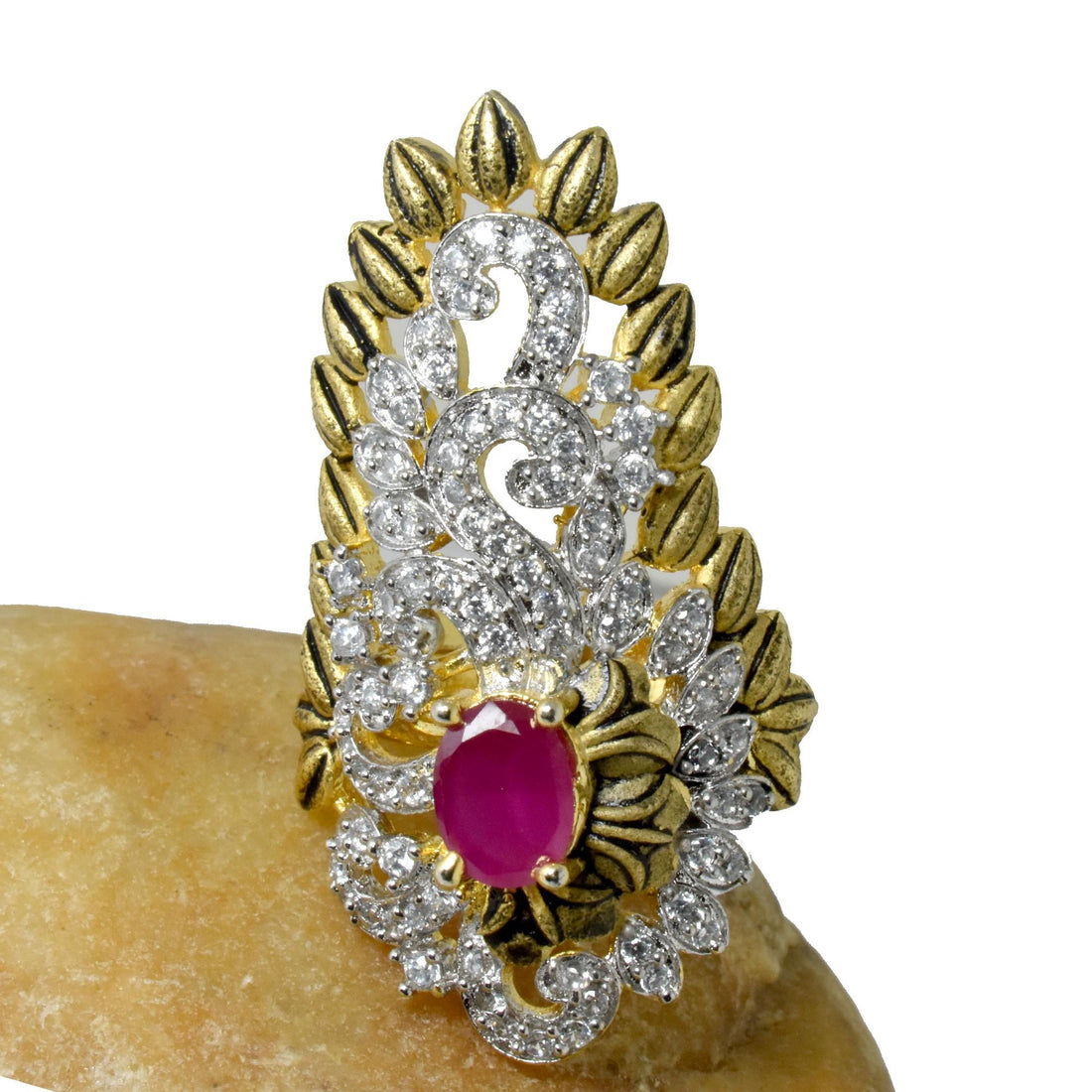 Vintage Ruby CZ Ring: Gold Plated Art Deco Bridal Statement Ring — 8