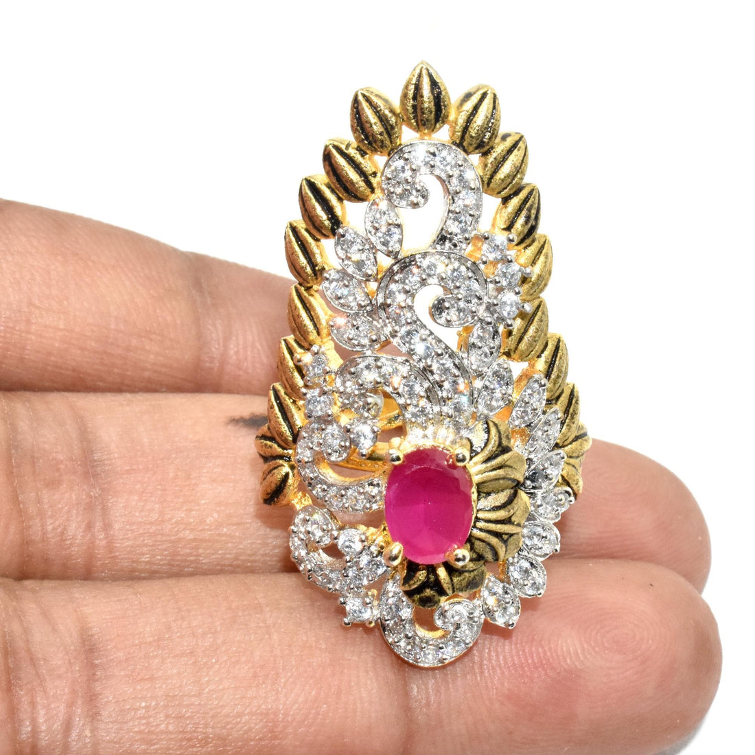 Vintage Ruby CZ Ring: Gold Plated Art Deco Bridal Statement Ring — 3