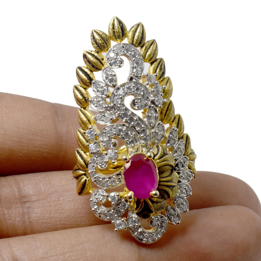 Vintage Ruby CZ Ring: Gold Plated Art Deco Bridal Statement Ring — 4