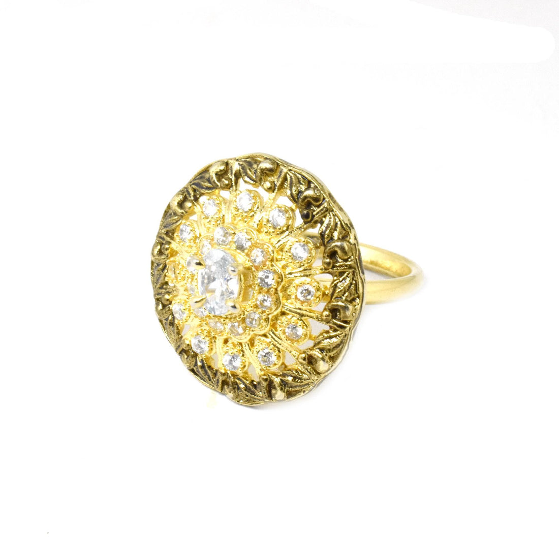 CZ Diamond Gold Plated Ring: Adjustable Floral Design — 4