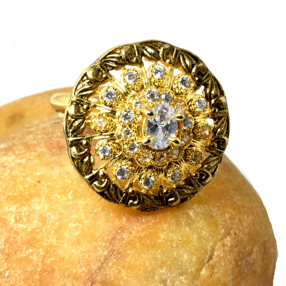 CZ Diamond Gold Plated Ring: Adjustable Floral Design