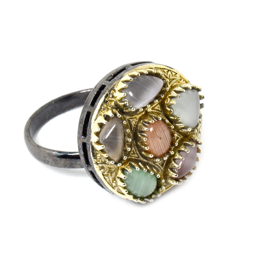 Multi Stone Ring: Black Plated Adjustable Cocktail Ring — 2